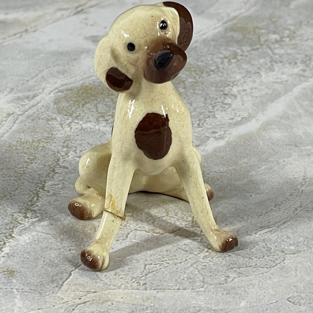 Vintage Miniature Ceramic Spotted Dog Figurine Brown and White Glossy 2 Inch